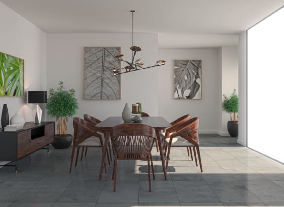 3d rendering of a dining room with a table and chairs