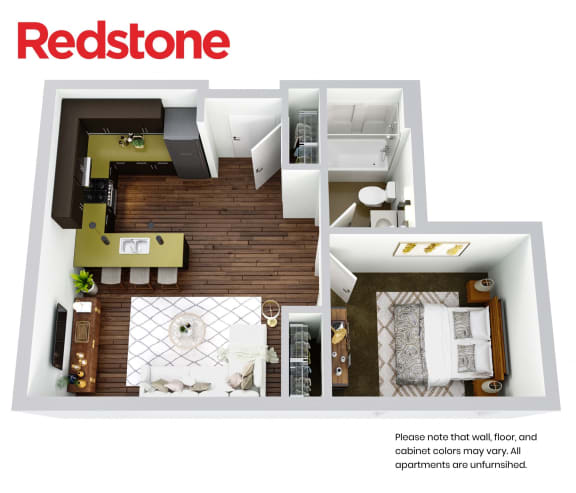 A Redstone apartment floor plan with a note that wall, floor, and cabinet colors may vary.