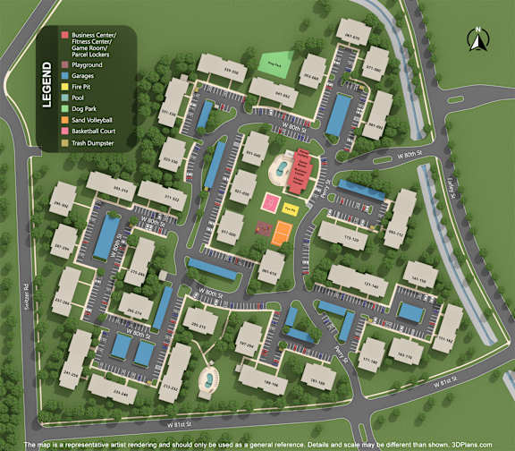 A map of a school with a legend indicating the locations of the business center, game room, locker rooms, gym, fire pit, pool, sand volleyball court, and trash dumpster.