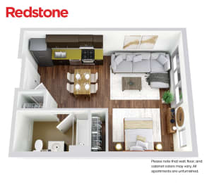 A Redstone apartment floor plan with a living room, kitchen, and bathroom.