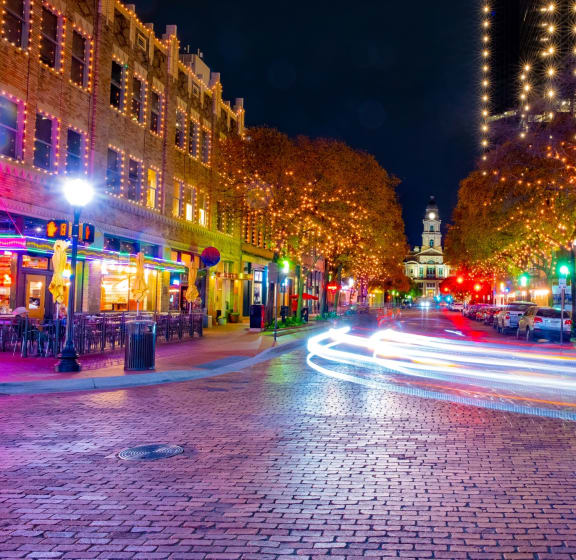 Fort Worth City Street at Night with Lights