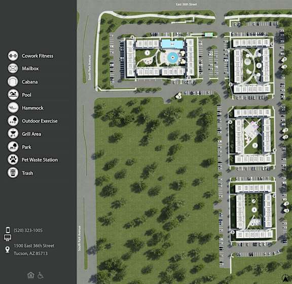 A map shows a fitness center with a pool and a gym.