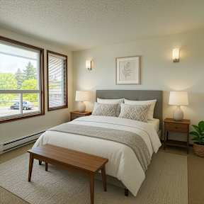A bedroom with a large bed and a window overlooking a green area.
