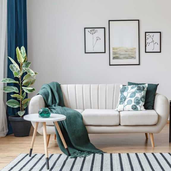 a living room with a white couch and a green blanket