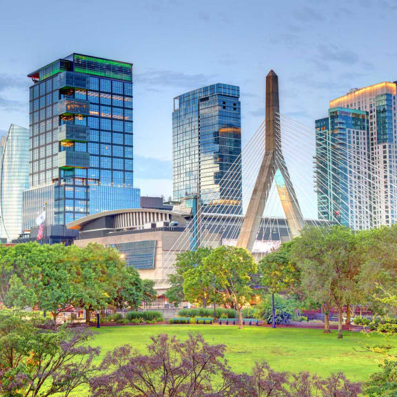 a city skyline with skyscrapers and a park
