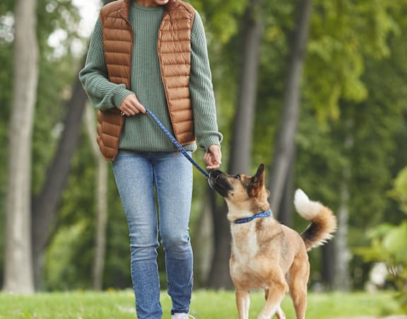 A woman walking her dog in a park.