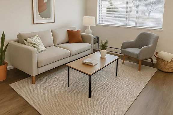 A living room with a grey couch, a grey armchair, a coffee table, and a potted plant.