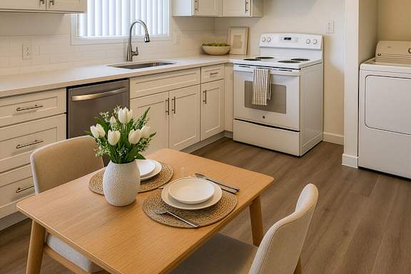A modern kitchen with a wooden table set for two.