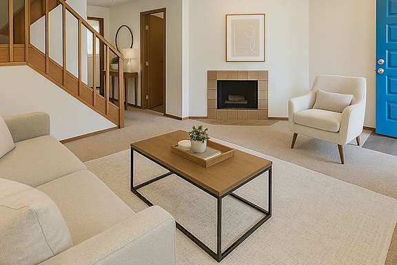 A living room with a fireplace, a chair, a couch, and a coffee table.