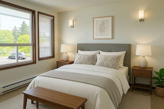 A bedroom with a large bed and a window overlooking a green area.