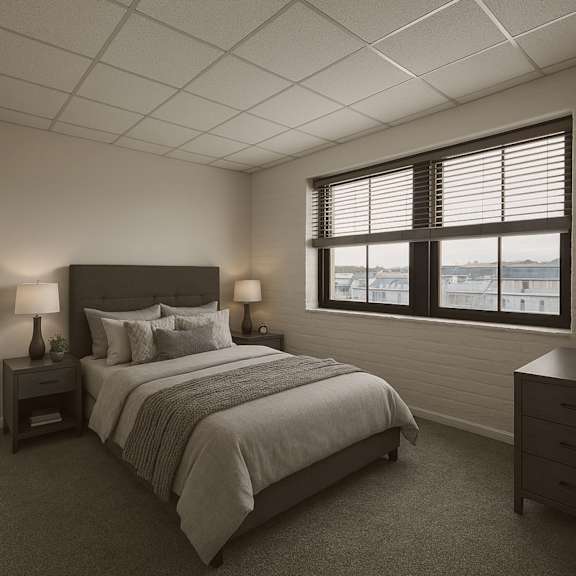 A bedroom with a bed, a dresser, and two nightstands with lamps.