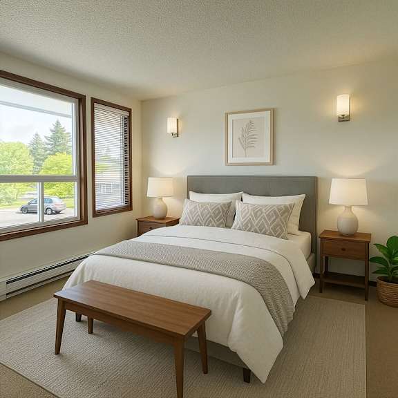A bedroom with a large bed and a window overlooking a green area.