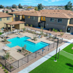Pool and pool patio aerial view at San Vicente Townhomes in Phoenix AZ