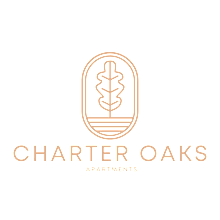 A logo for Charter Oaks Apartments featuring a stylized oak tree.