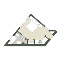 A floor plan of a house with a kitchen, living room, and two bedrooms.
