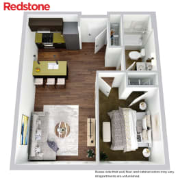 A Redstone apartment floor plan with a kitchen, living room, and bedrooms.