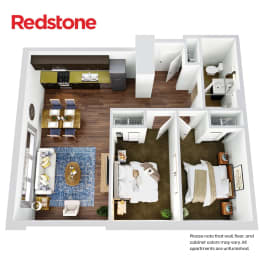A Redstone apartment floor plan shows a living room, dining room, kitchen, and bedrooms.