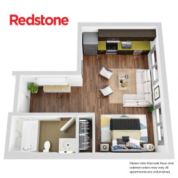 A Redstone apartment floor plan shows a living room, kitchen, and bedroom.