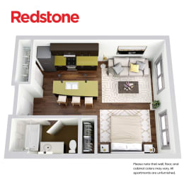 A Redstone apartment interior with a kitchen, living room, and bathroom.