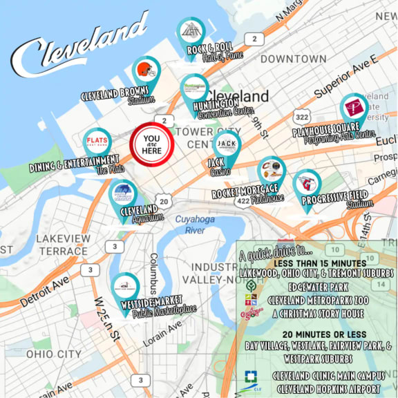 a map of the city street with icons of different locations