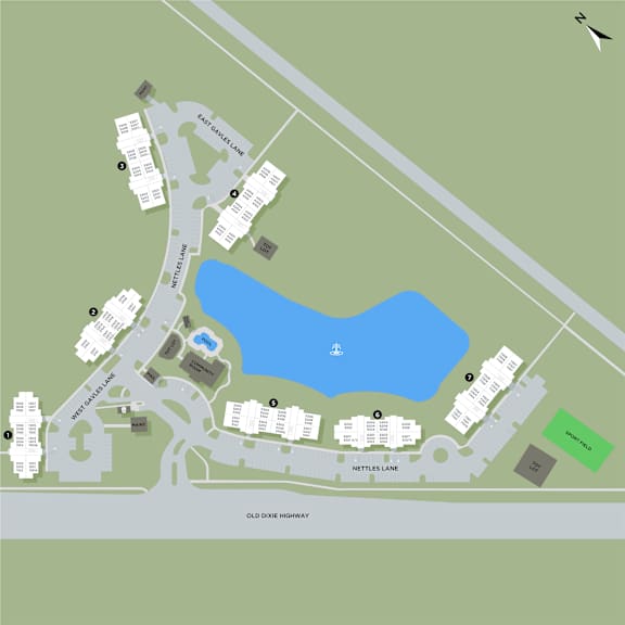 A map shows a layout of a residential area with roads, houses, and a lake.