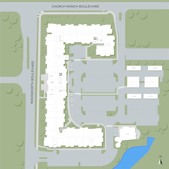 A map of Church Ranch Boulevard shows a layout with buildings, roads, and a body of water.