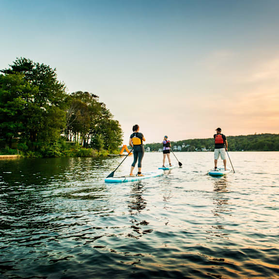 Three people paddleboarding on a calm lake during sunset.