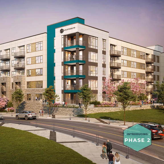 Rendering of Phase 2 showing large sidewalks and balconies perfect for socializing