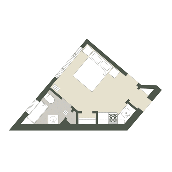 A floor plan of a house with a kitchen, living room, and two bedrooms.