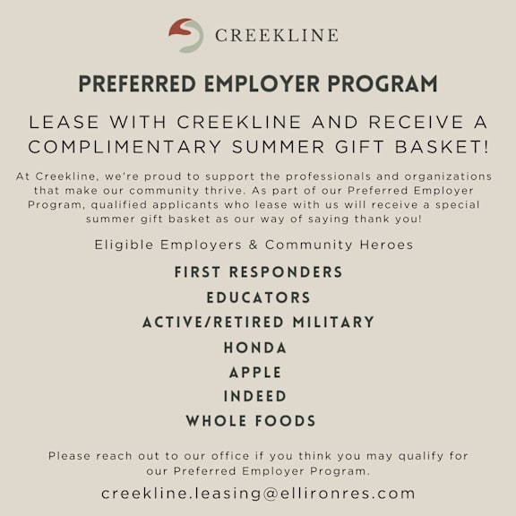 A flyer for the Preferred Employer Program at Creekline, offering a summer gift basket to eligible employers.