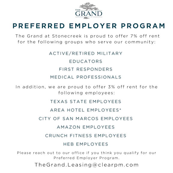 A flyer advertising a 10% off rent program for active/retired military, educators, first responders, and medical professionals at The Grand at Stonecreek.