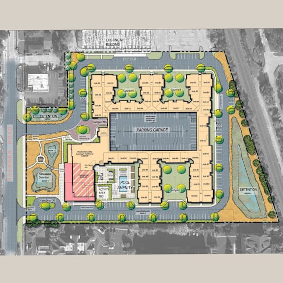A map of a building with a parking garage and pool area.