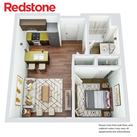 A Redstone apartment floor plan showing a living room, kitchen, and bedroom.