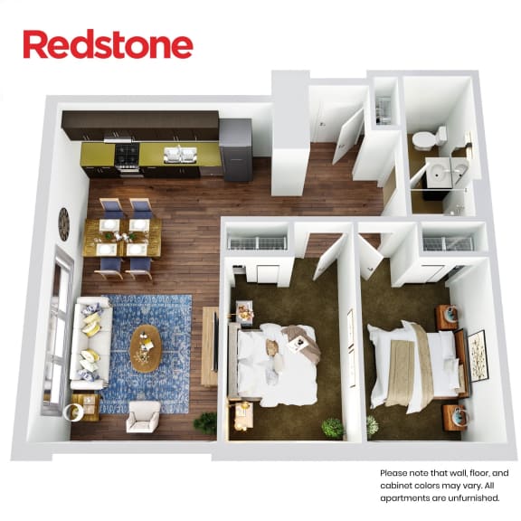 A Redstone apartment floor plan shows a living room, dining room, kitchen, and bedrooms.
