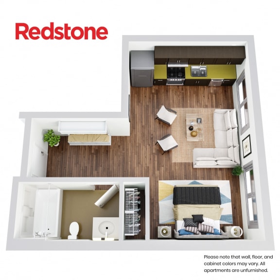 A Redstone apartment floor plan shows a living room, kitchen, and bedroom.