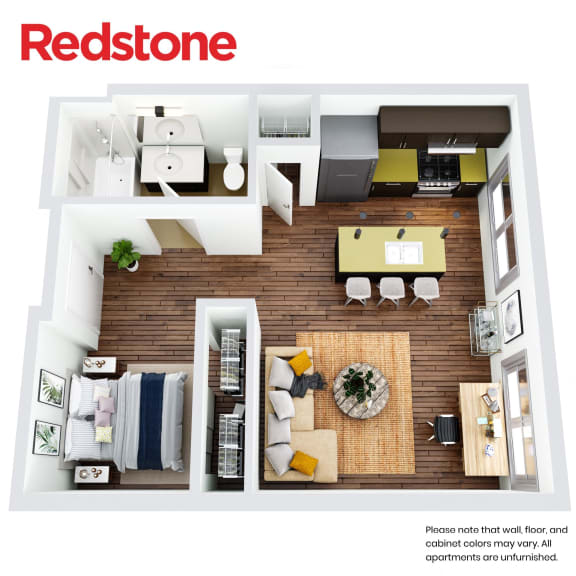 A Redstone apartment floor plan with a living room, kitchen, and space for bed