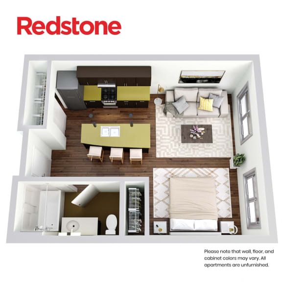 A Redstone apartment interior with a kitchen, living room, and bathroom.
