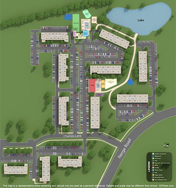 A map shows a layout of a parking lot with a lake and buildings.