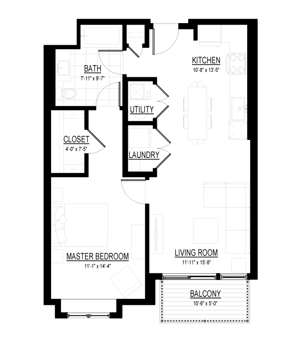 1 Bed 1 Bath M Floor Plan at Courthouse Square Apartments, Illinois