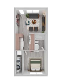 a outlook of a 1 bedroom floor plan with a fireplace