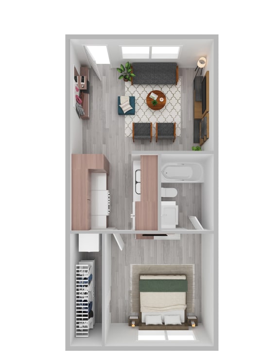 a outlook of a 1 bedroom floor plan with a fireplace