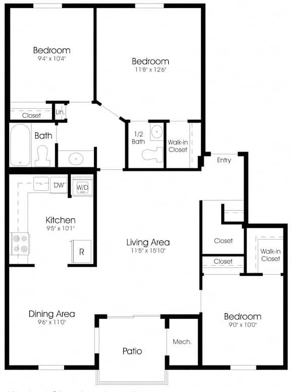 3 Bedroom Floor Plan at The Apartments at Hunters Glen, Maryland