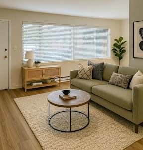 A living room with a couch, a table, and a cabinet.