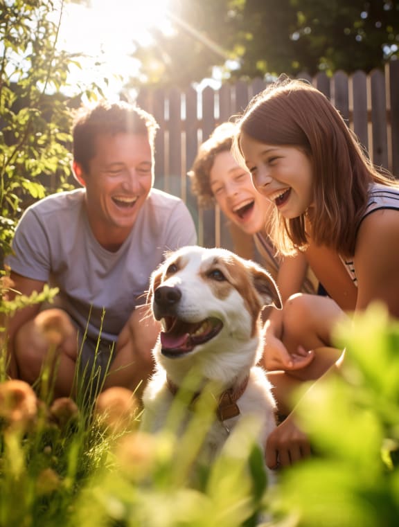 a group of people with a dog in the grass