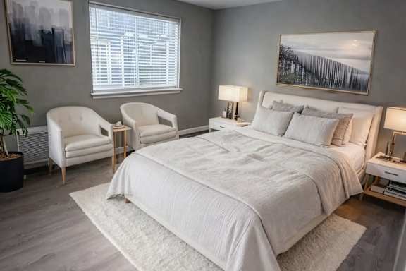 A bedroom with a large bed and a chair.