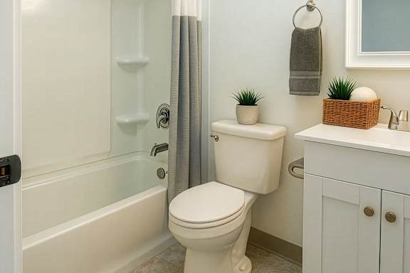 A white toilet sits in a bathroom next to a white sink.