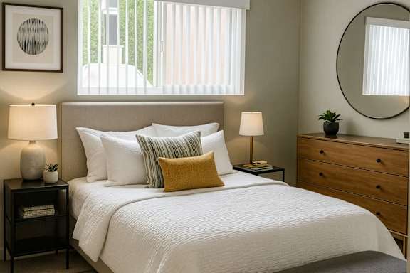 A bedroom with a bed, nightstands, and a bench.