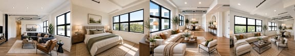 A modern, spacious living room with a large window and a comfortable couch.