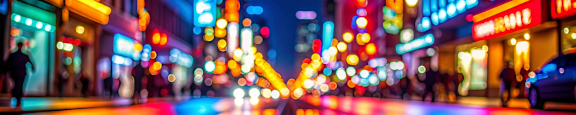 A blurry image of a city street at night with bright lights.