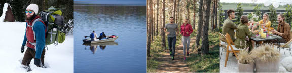 A collage of four images depicting outdoor activities such as hiking, fishing, camping, and skiing. at Yellowstone Landing, Belgrade, MT, 59714
